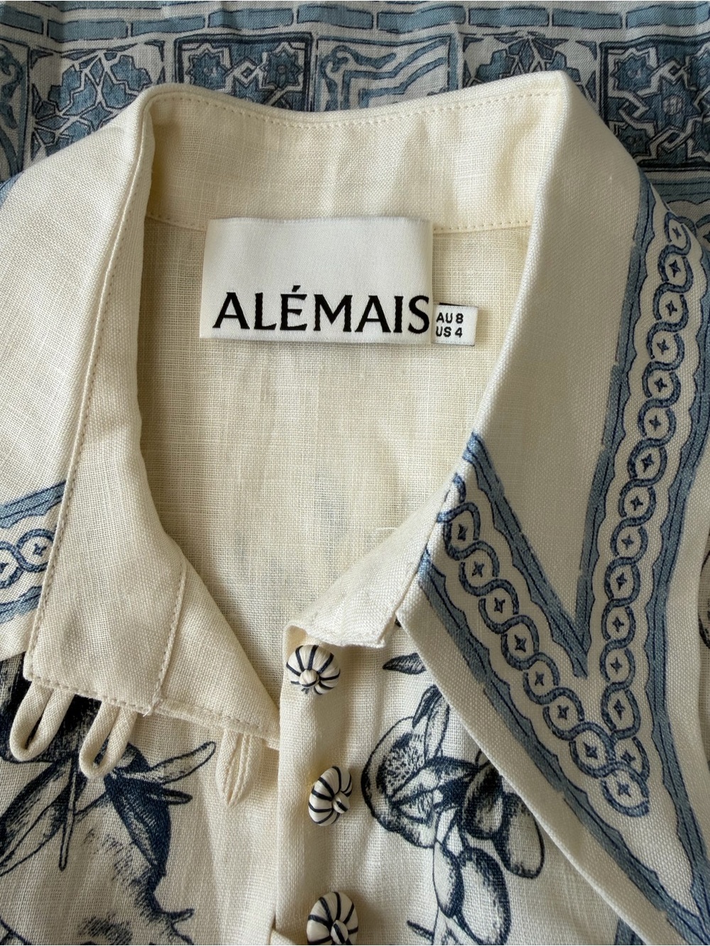 ALÉMAIS Villa Romantica Long-Sleeve Linen Blouse size - ivory pattern US 4 - Picture 6 of 9